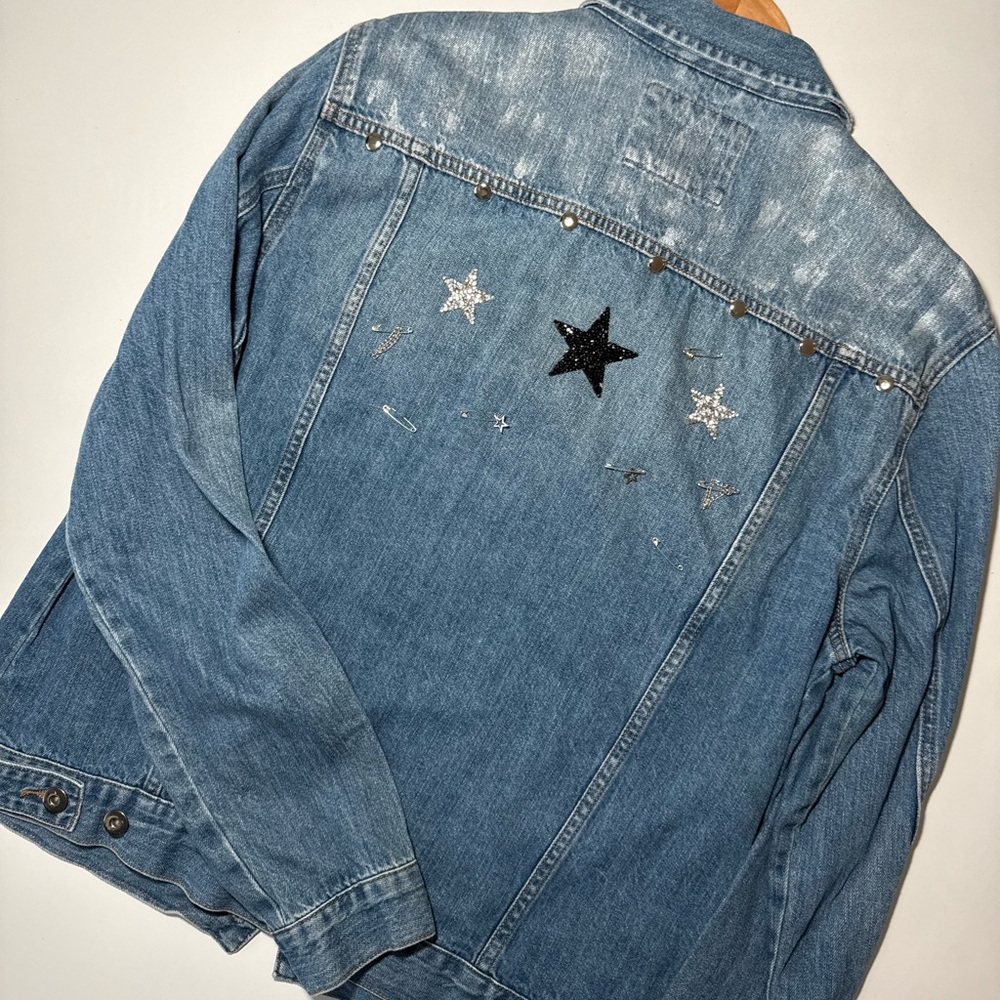 Blue denim Jean jacket handcrafted handmade with silver spots size large.
